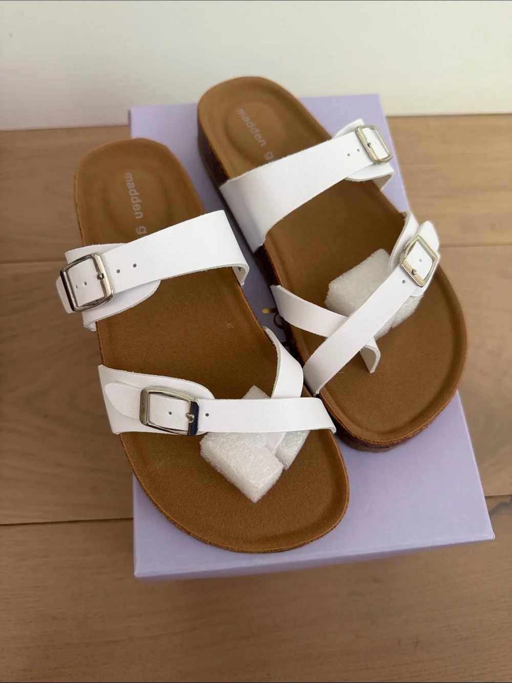 Madden Girl White Buckle Double-Strap Cork Footbed Sandals
